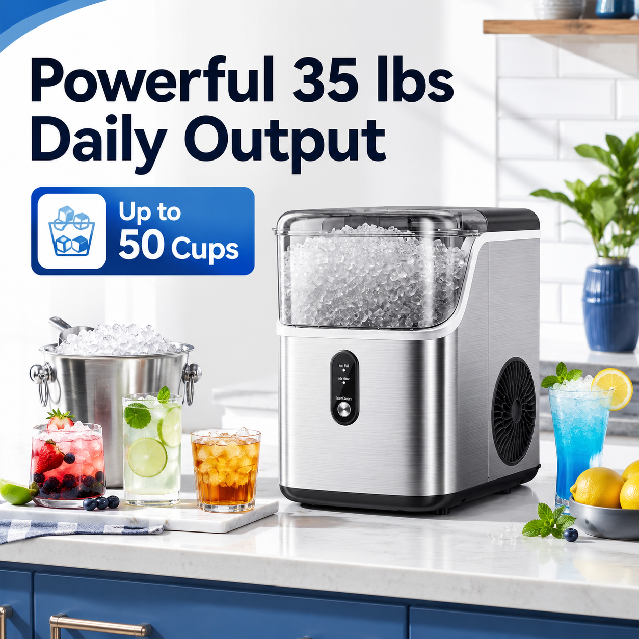 Friwest Nugget Ice Maker Countertop, 35lbs/24H Portable Sonic Ice Machine with Self-Cleaning, Chewable Pellet Ice Maker for Home Kitchen Office RV, Stainless Steel