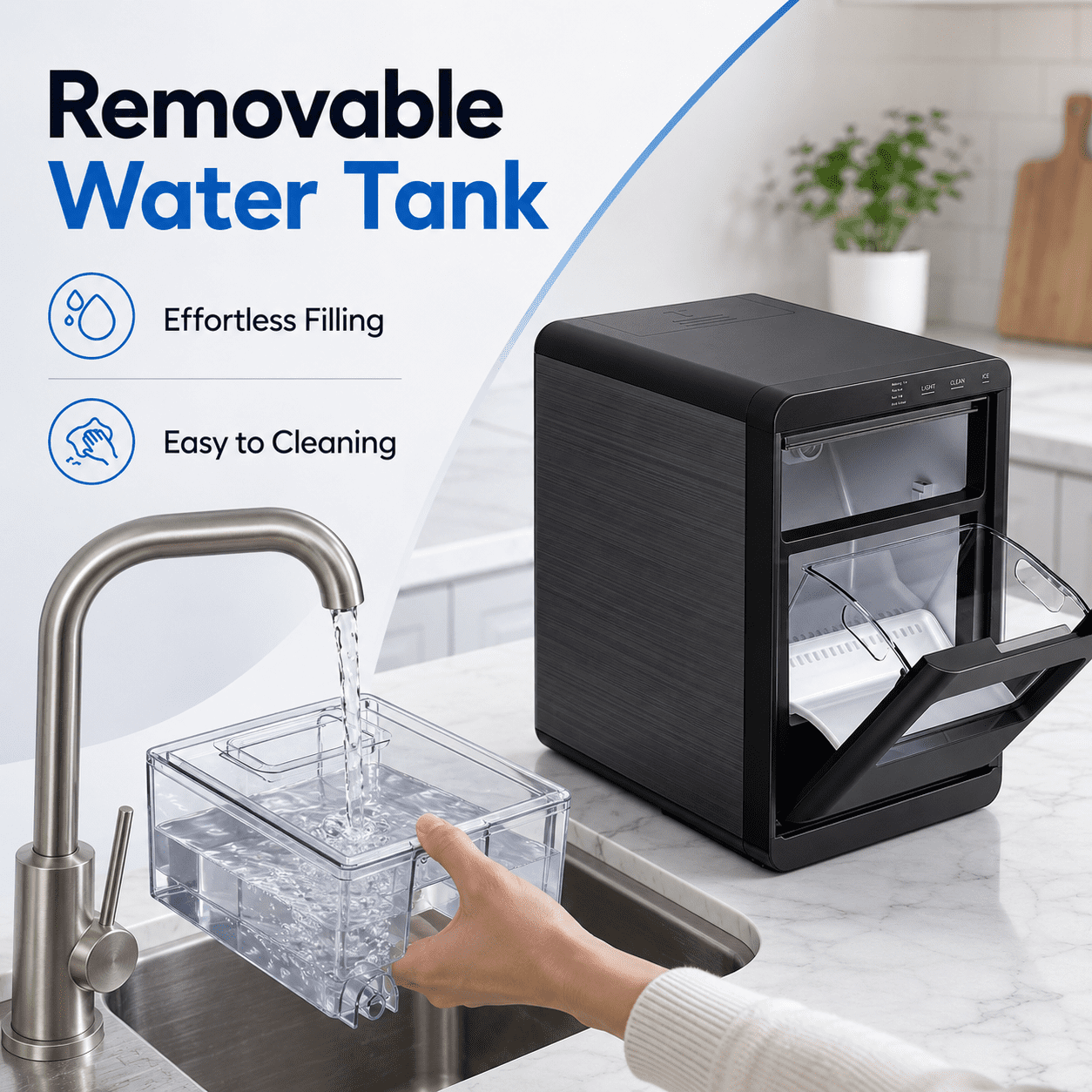 Friwest Nugget Ice Maker Countertop, 44lbs/Day Soft Chewable Pebble Nugget Ice Machine, One-Touch Self-Cleaning with Touch Screen for Home, Kitchen, Office, Stainless Steel, Black